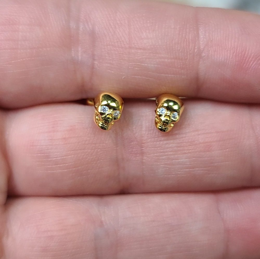 💀 925 Sterling Silver Skull Yellow Gold Plated CZ - Picture 6 of 15